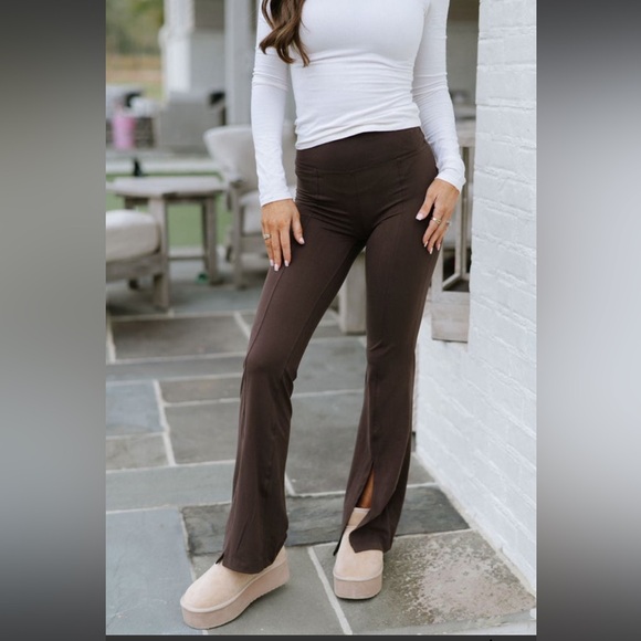 These Three Butter Soft High Waist Flare Leggings w front slits - Espresso - Picture 2 of 7